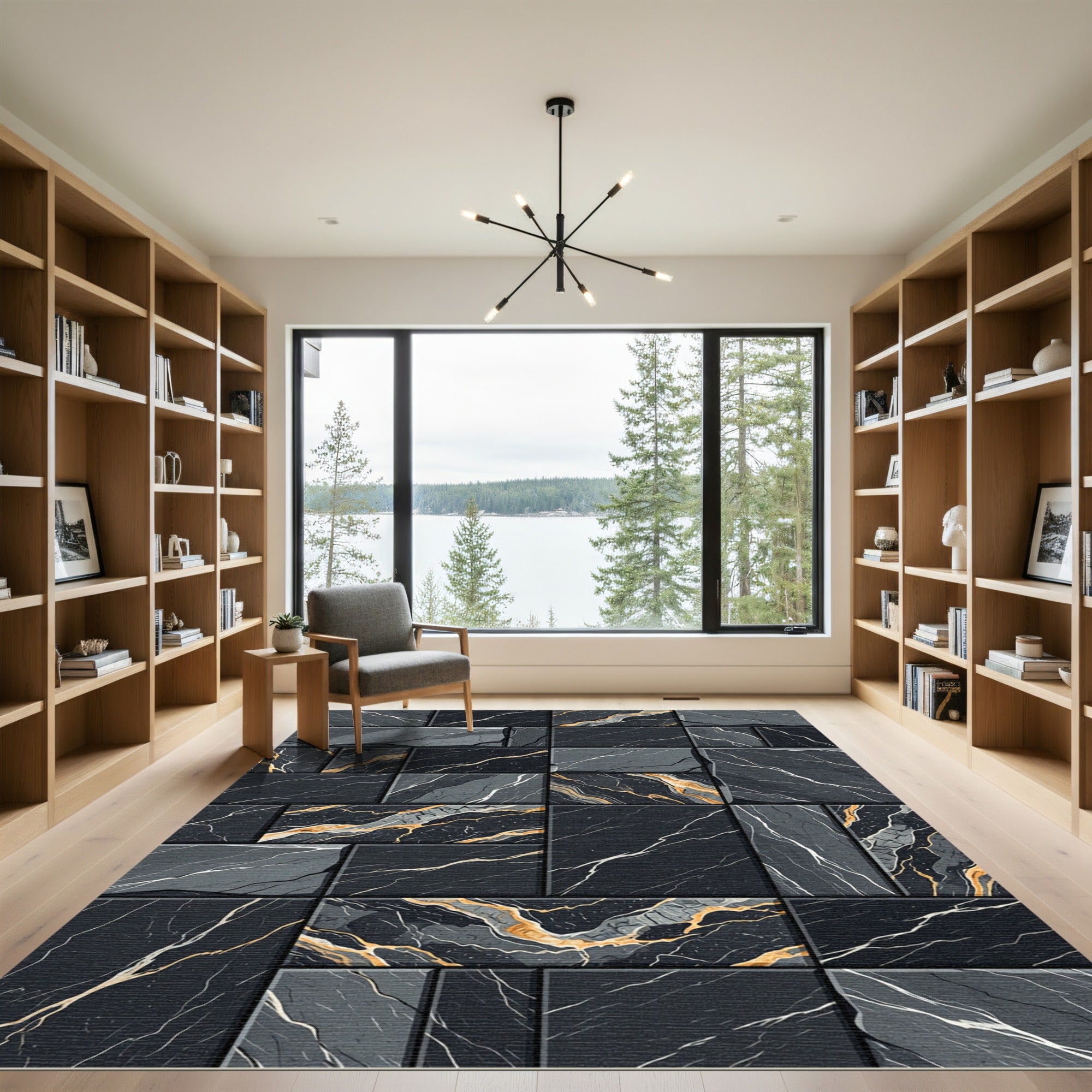 Black Gold Veined Stone Rectangles Rug