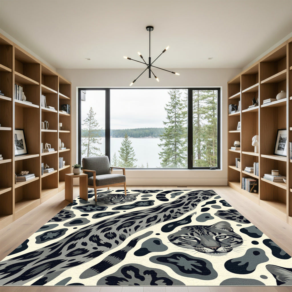 Monochromatic Gray Wild Cat Animal Print Rug