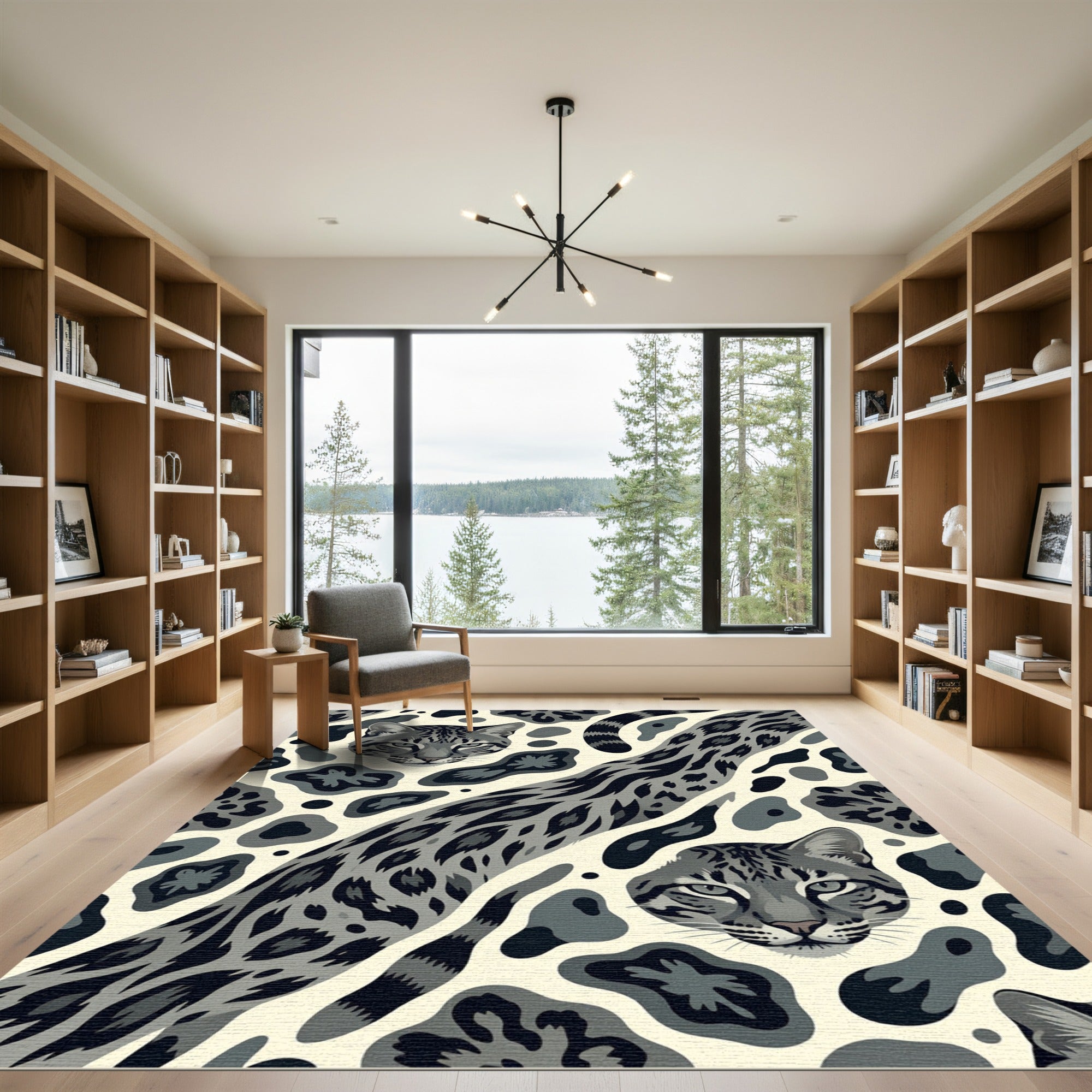 Monochromatic Gray Wild Cat Animal Print Rug