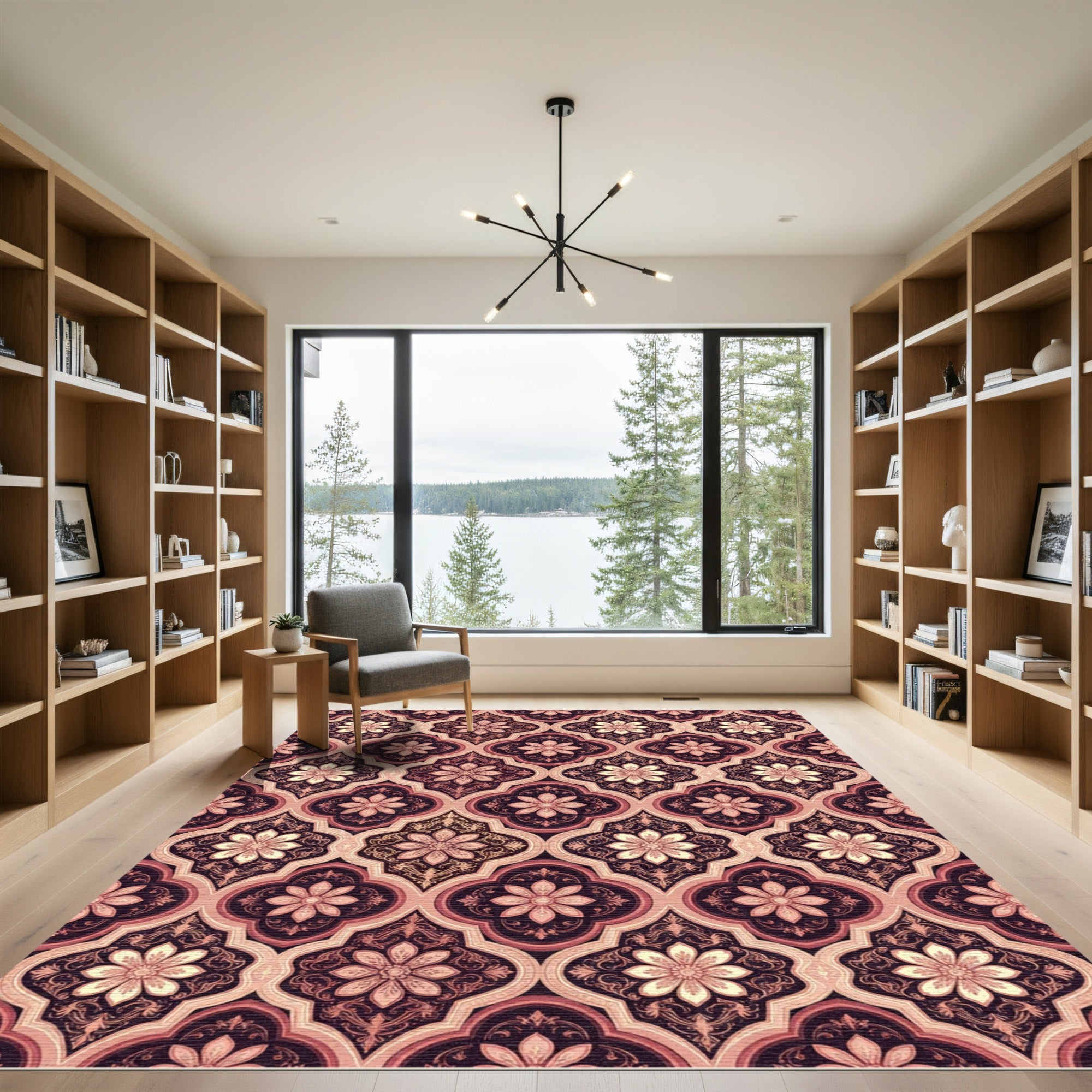 Dusty Rose Floral Quatrefoil Pattern Rug