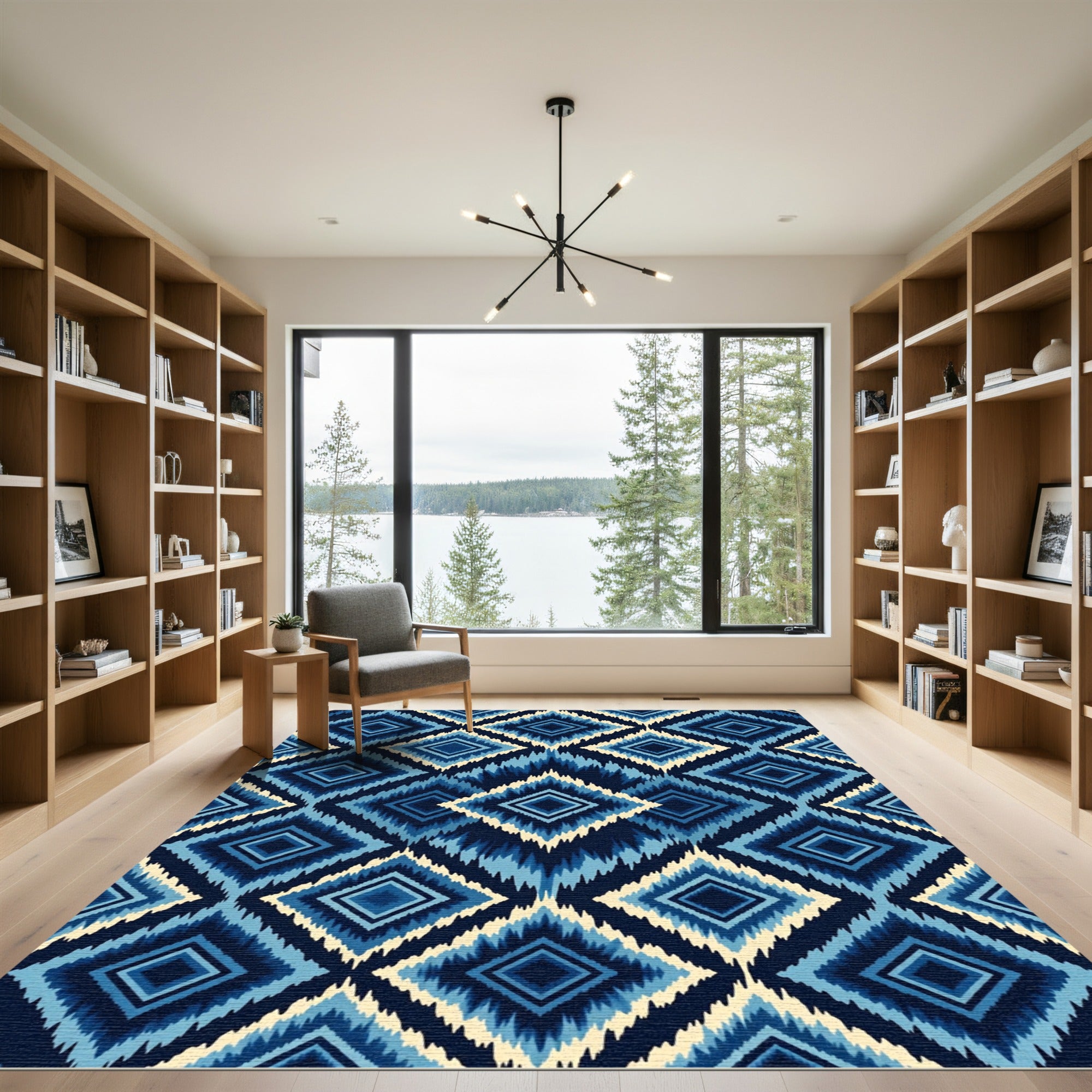 Indigo Blue Geometric Diamond Ikat Rug