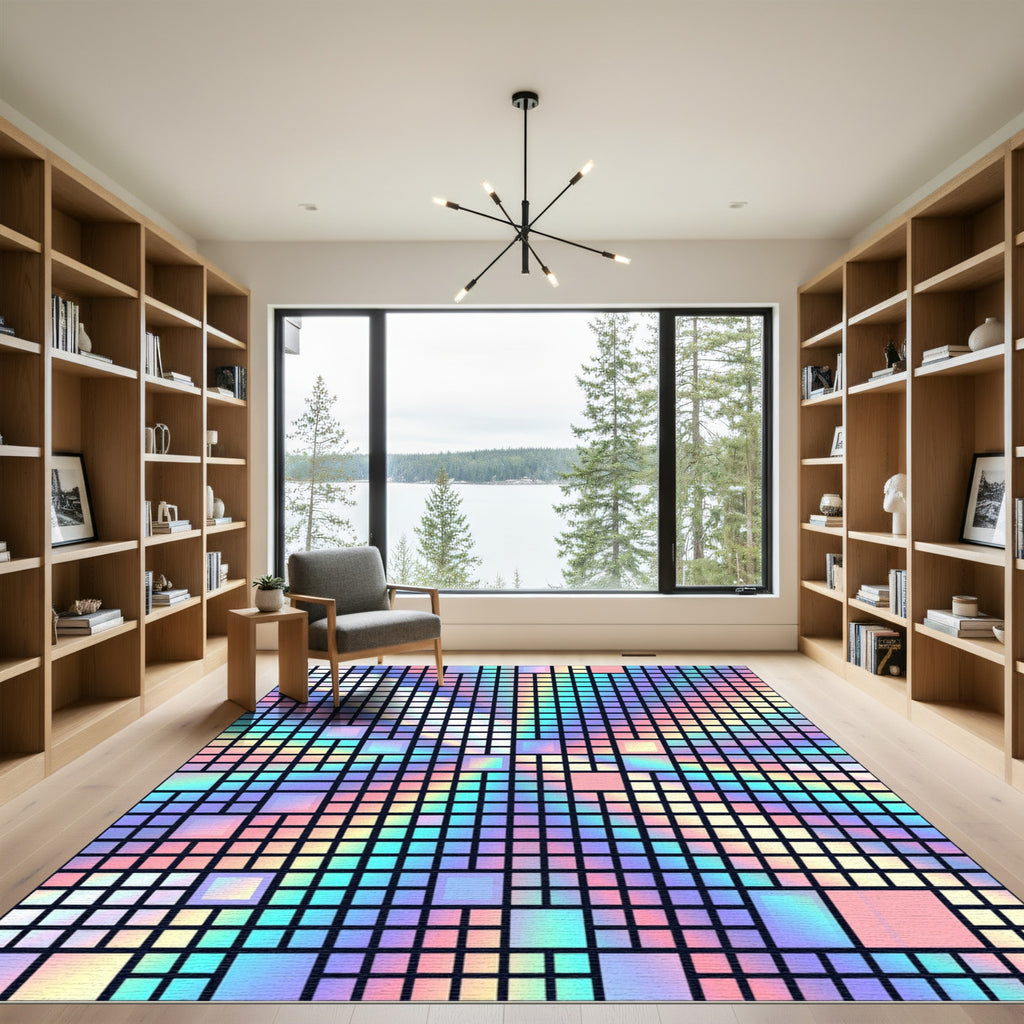 Iridescent Holographic Geometric Grid Squares Rug