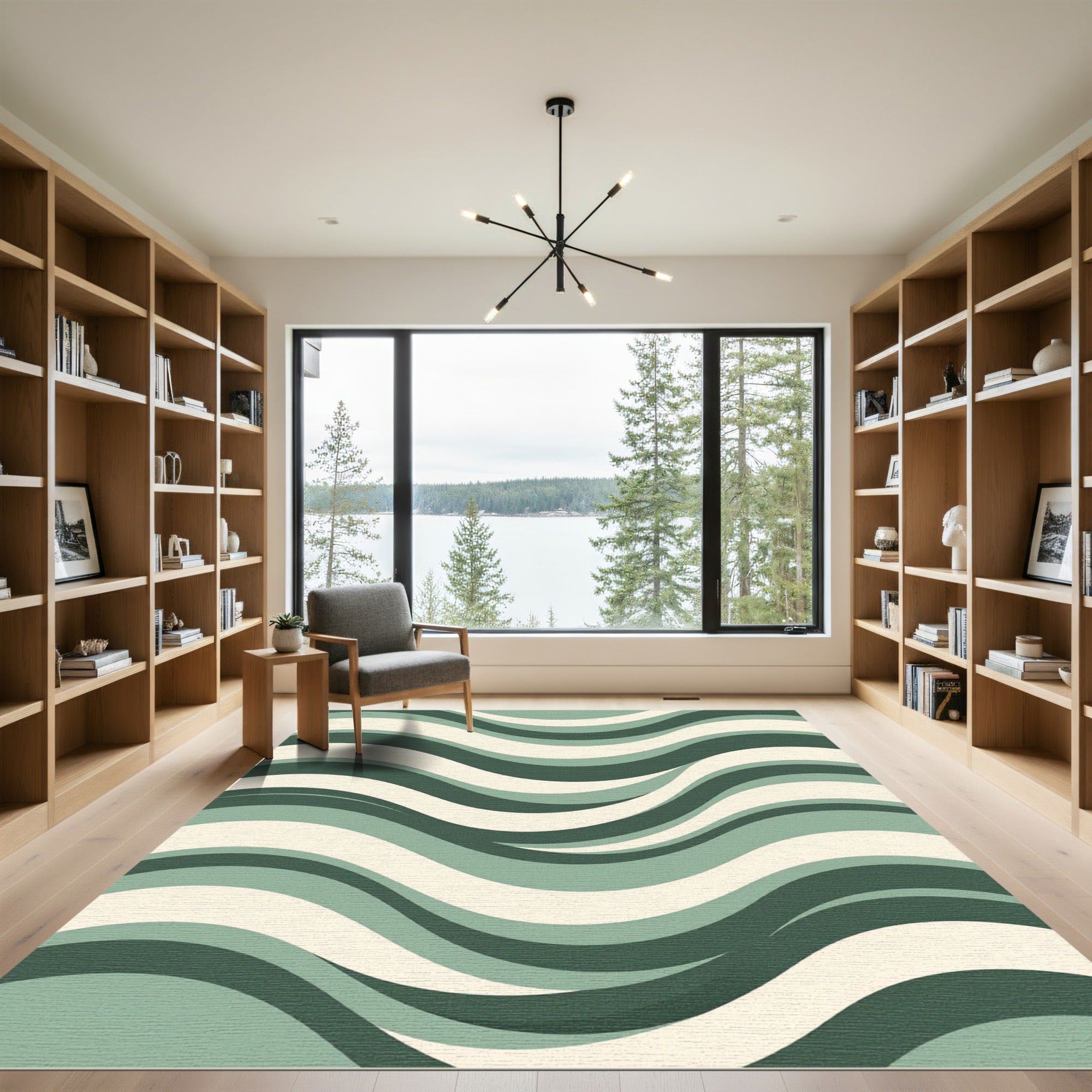 Modern Sage Green Wavy Abstract Rug