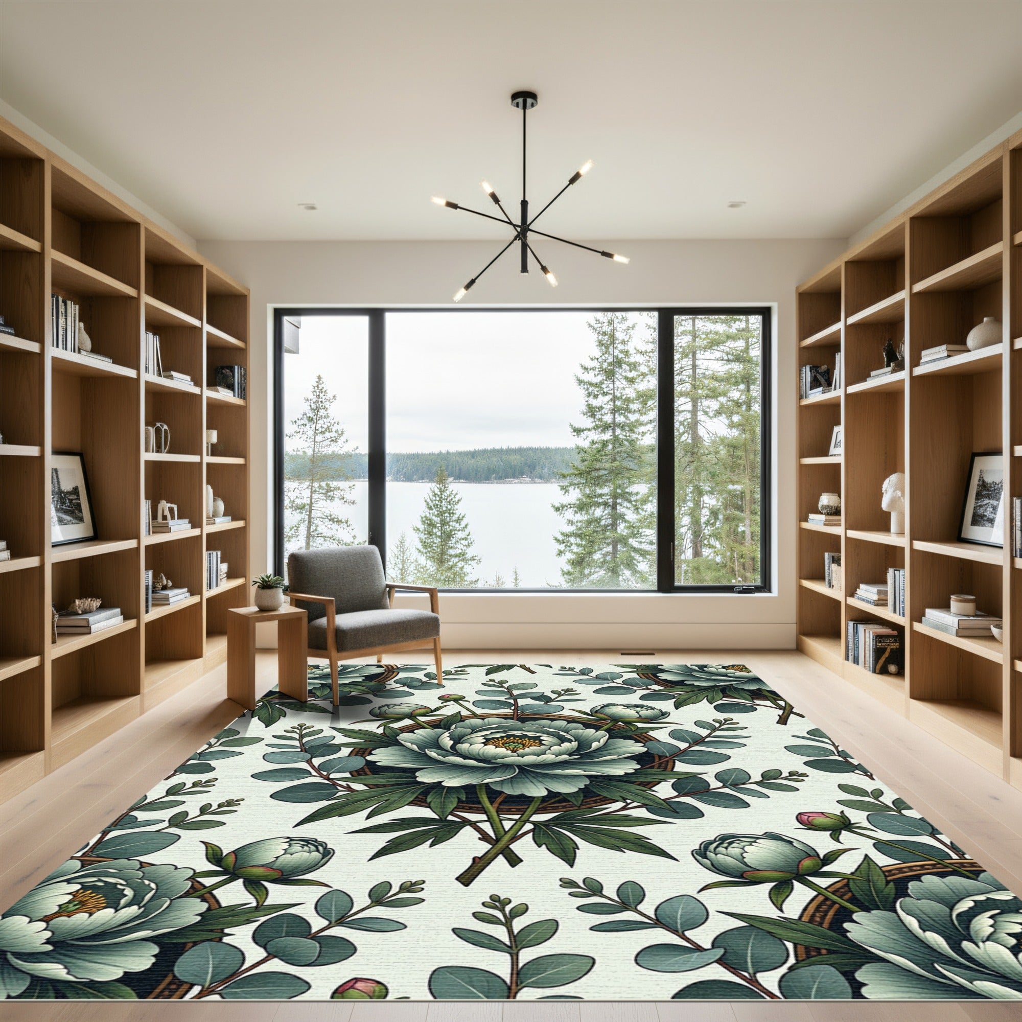 Pale Green Floral Botanical Roundel Rug
