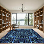 Deep Blue Geometric Floral Medallion Rug