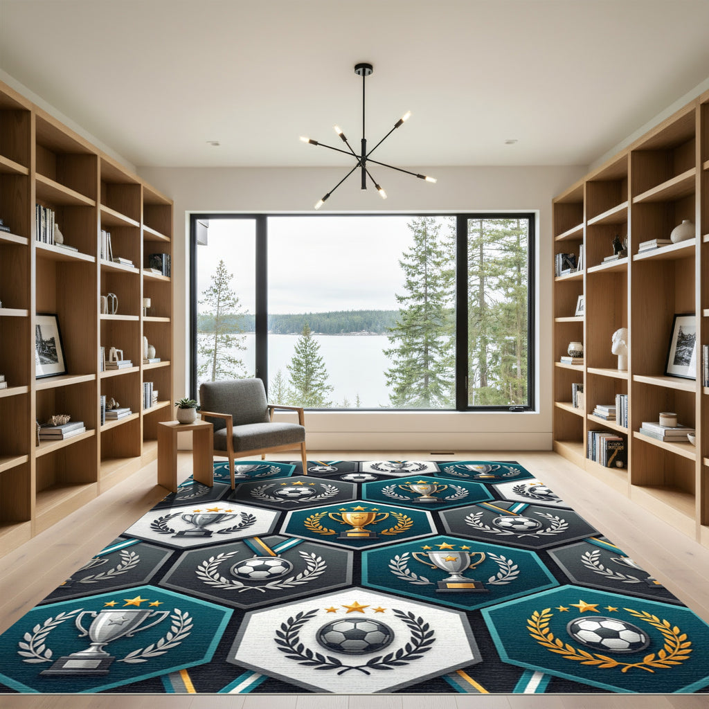 Golden Trophy Soccer Hexagon Teal Art Rug