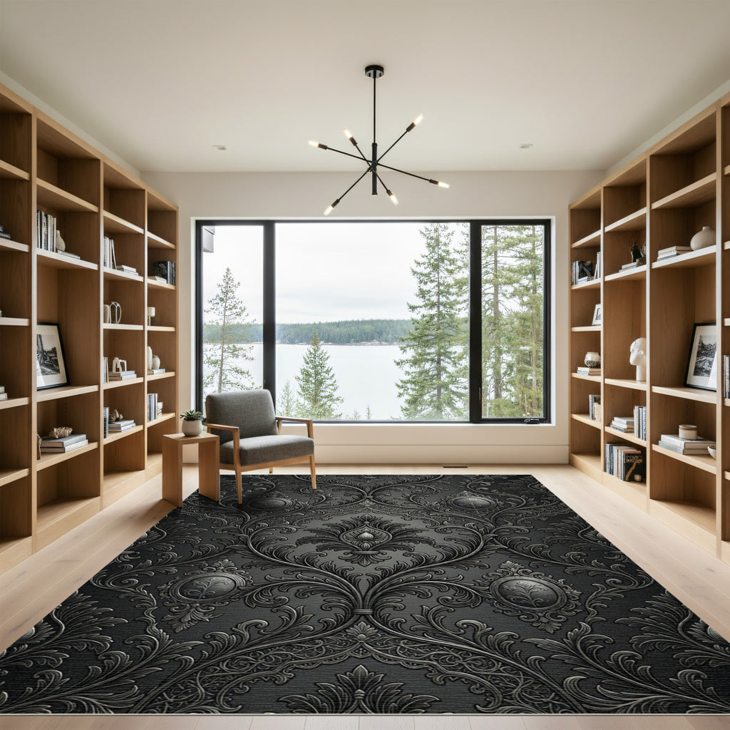 Dark Charcoal Raised Damask Filigree Rug