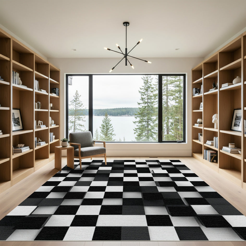 Monochromatic Black White Cubist Composition Rug
