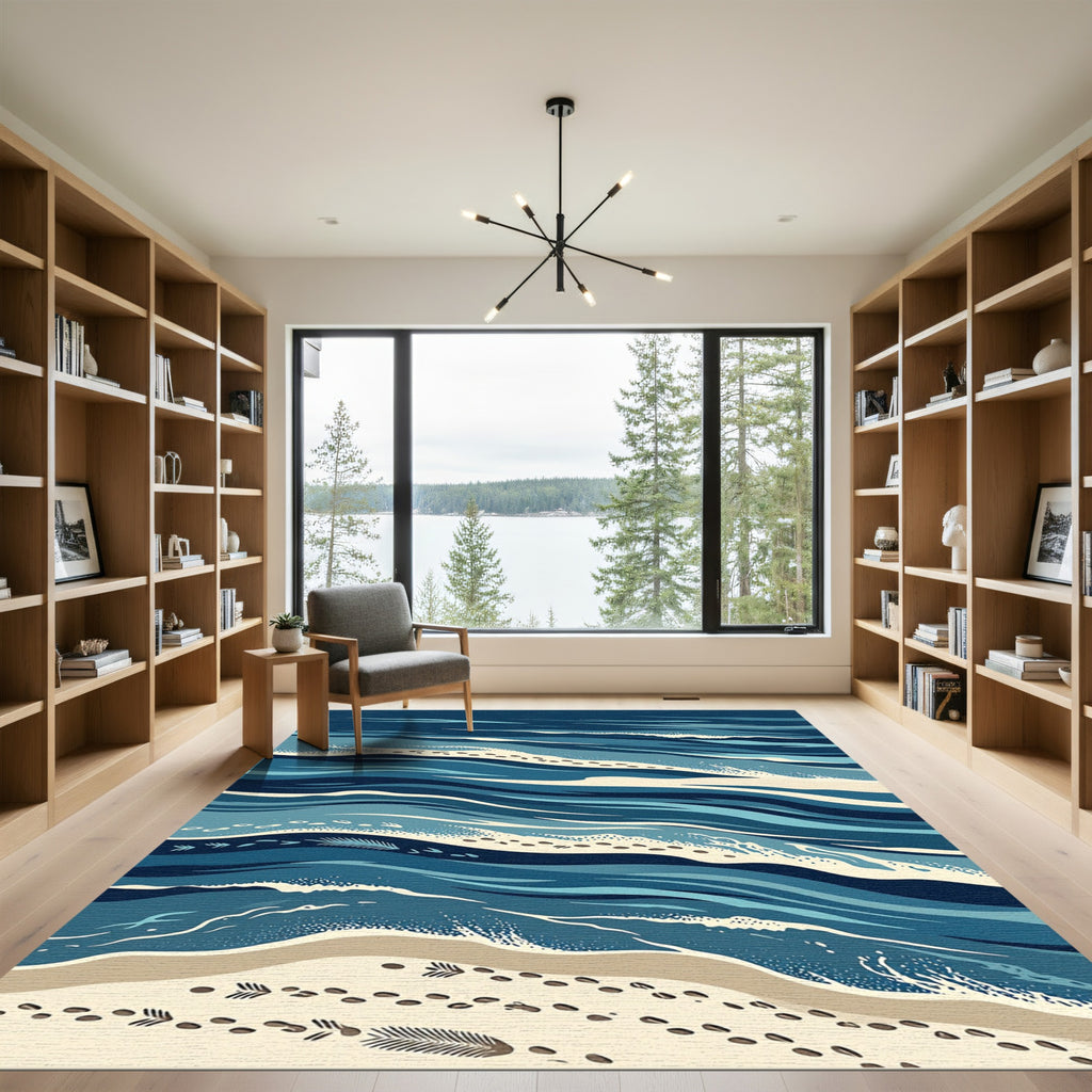 Deep Blue Ocean Waves Beach Sand Footprints Rug