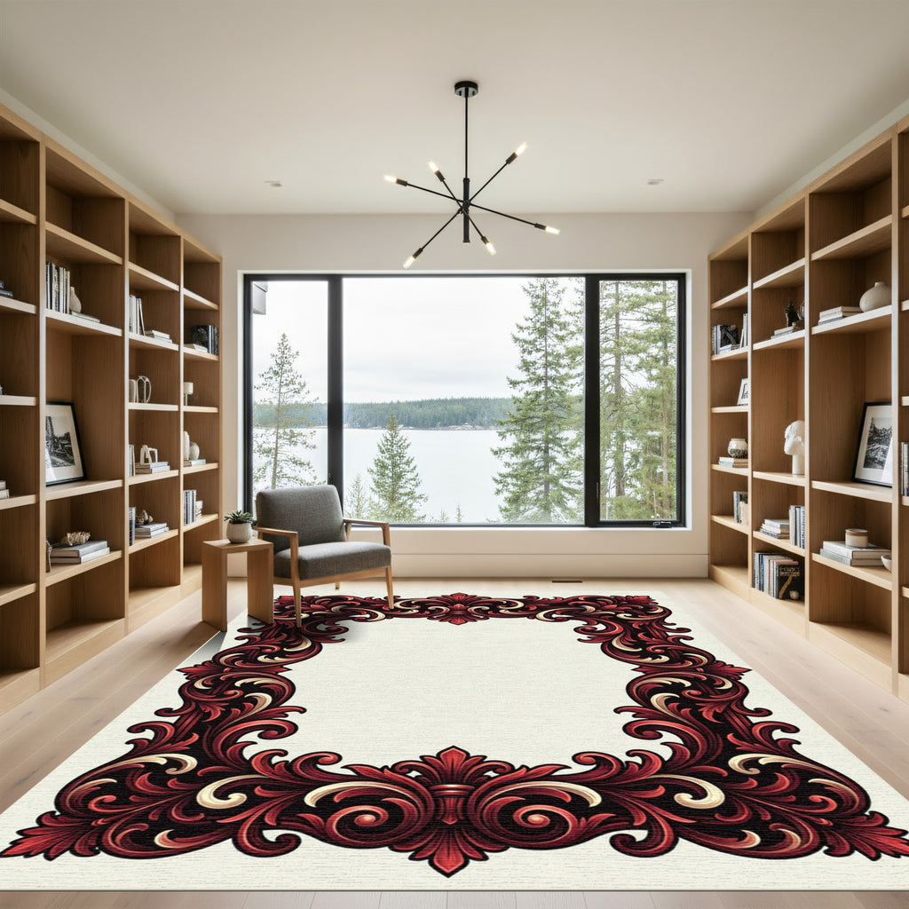 Ornate Crimson Baroque Scrollwork Border Rug