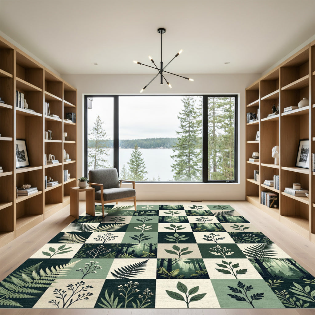 Forest Fern Leaf Botanical Grid Rug