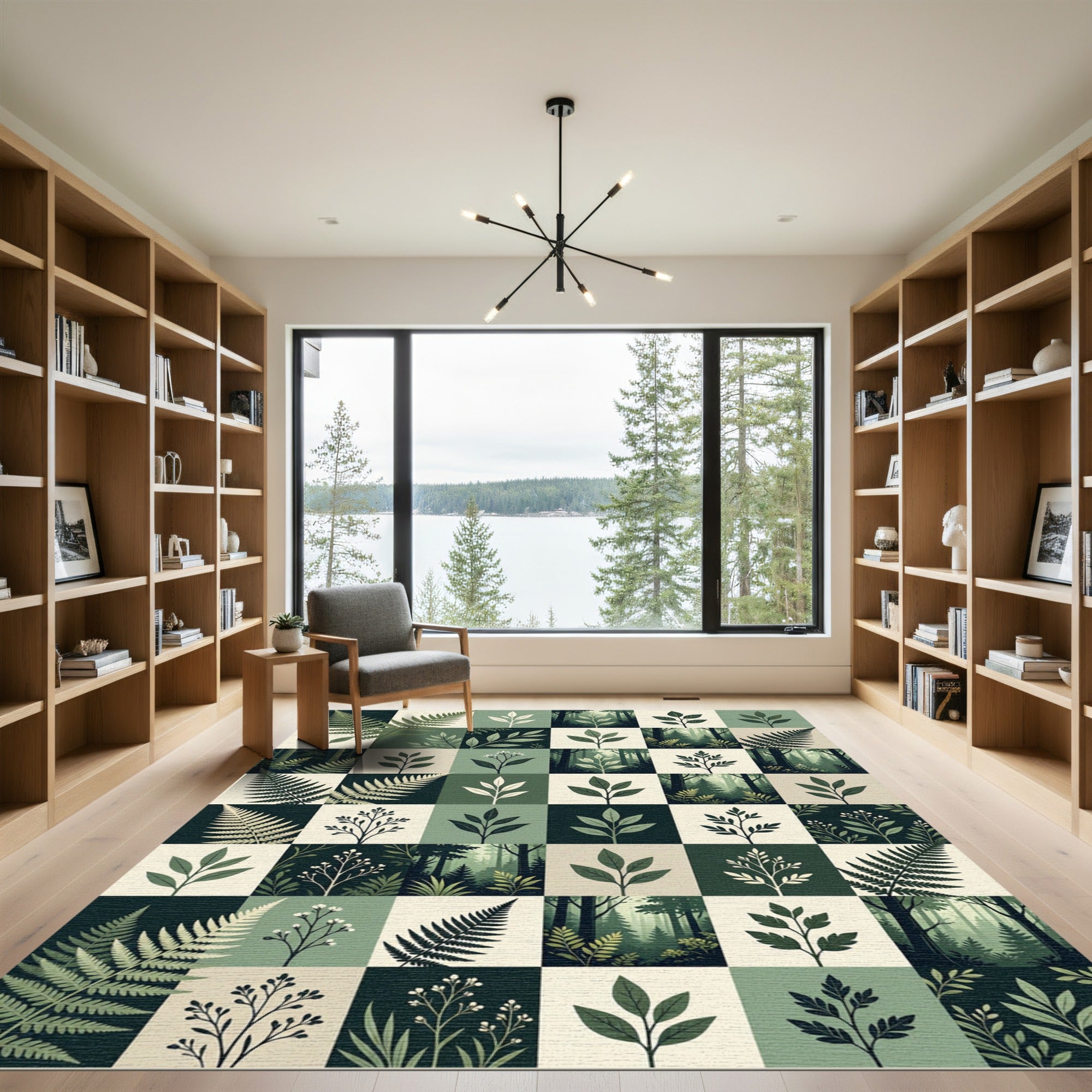 Forest Fern Leaf Botanical Grid Rug