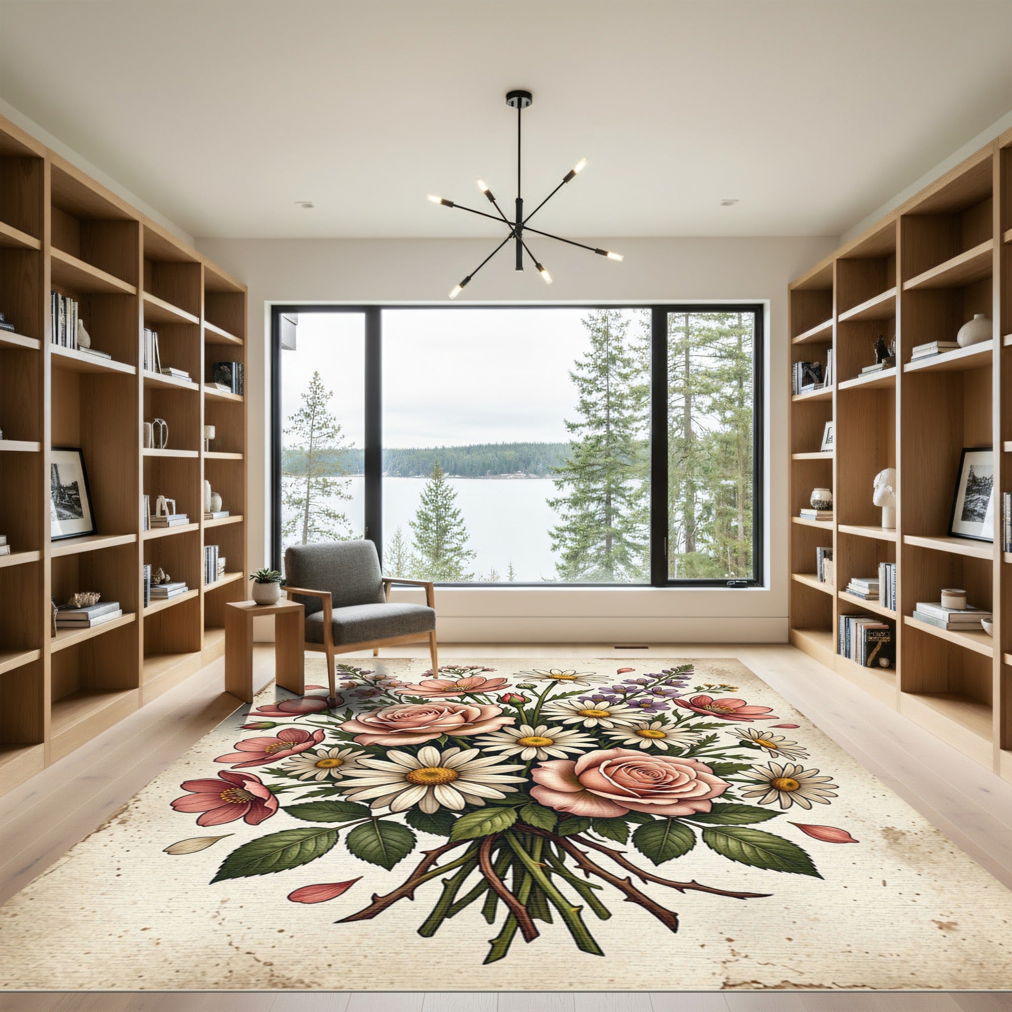 Blush Rose and Daisy Bouquet Illustration Rug