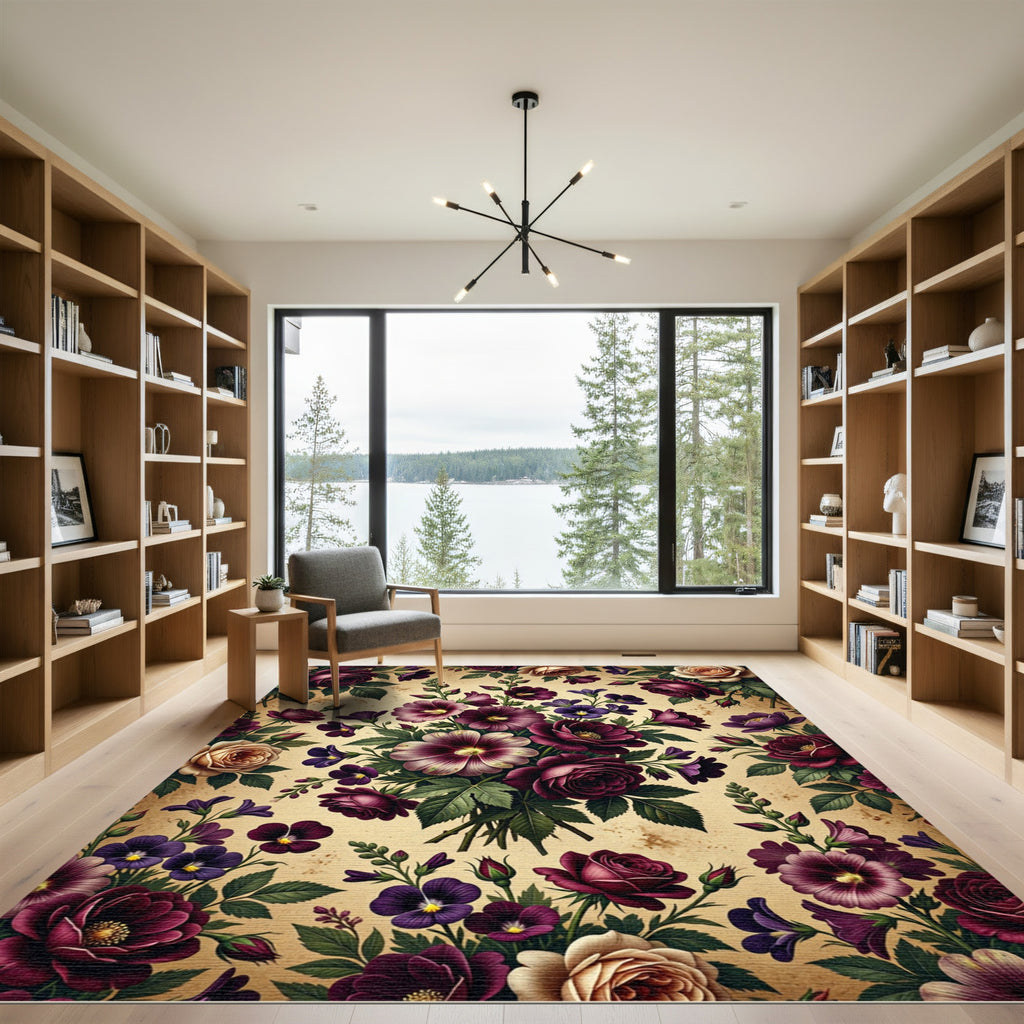 Deep Plum Ivory Rose Hollyhock Medley Rug