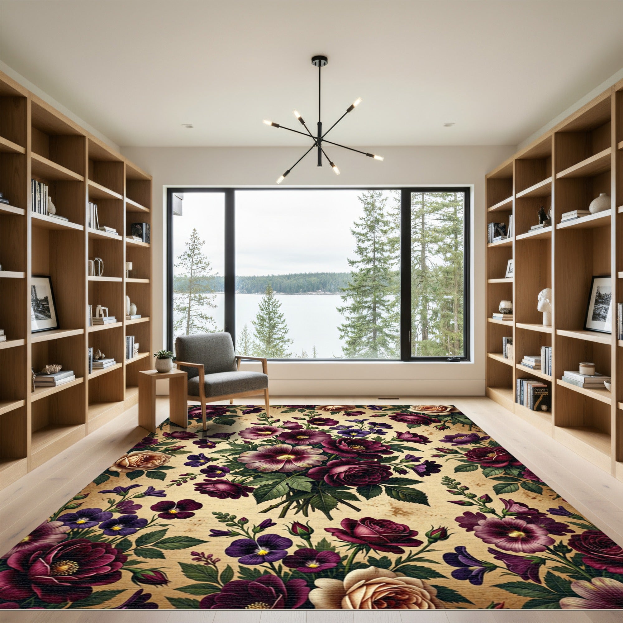 Deep Plum Ivory Rose Hollyhock Medley Rug