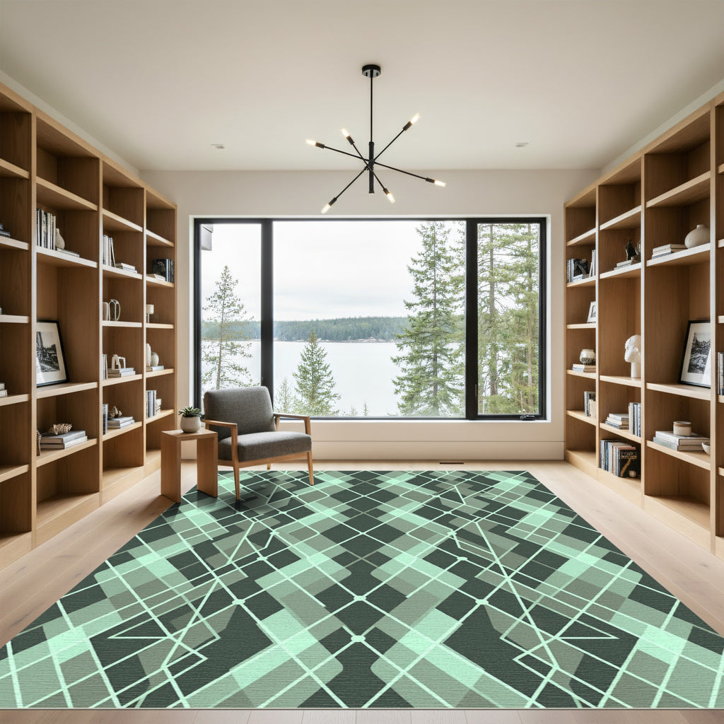 Teal Geometric Diamond Interlocking Pattern Rug