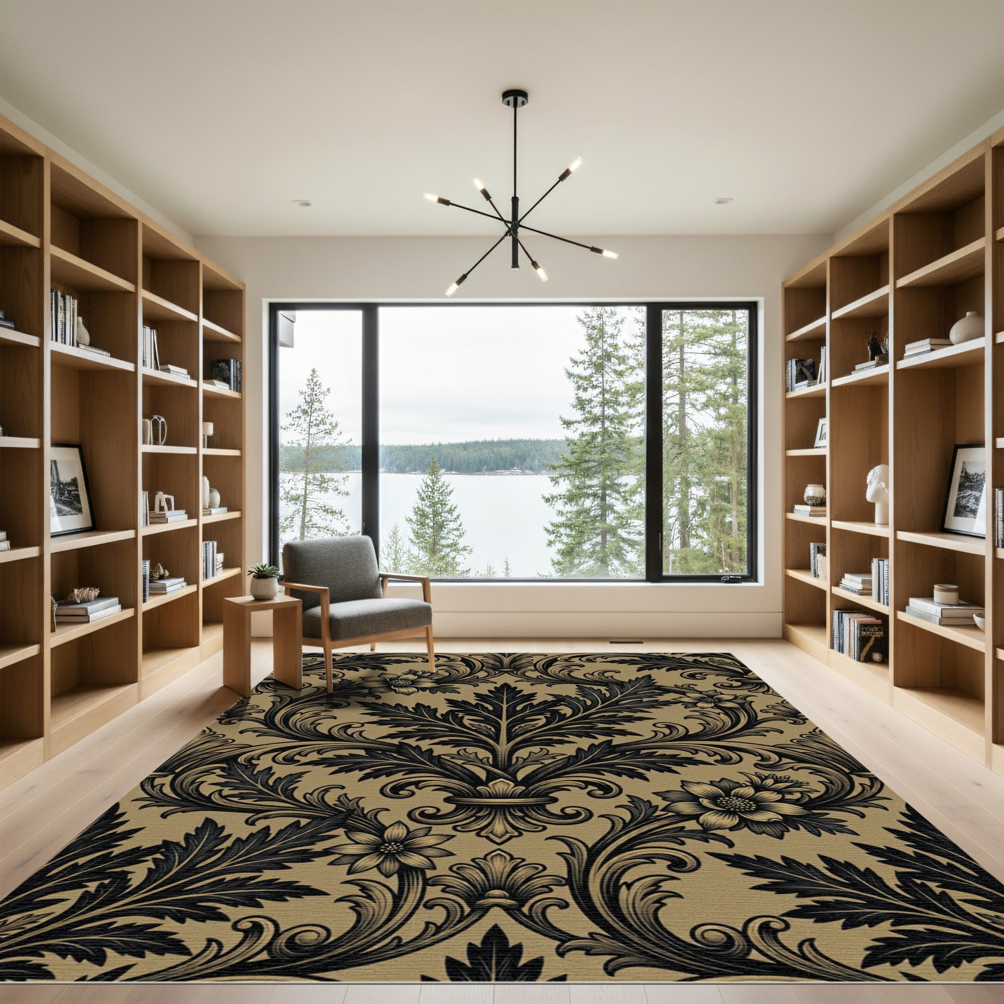 Vintage Golden Black Acanthus Floral Scroll Rug