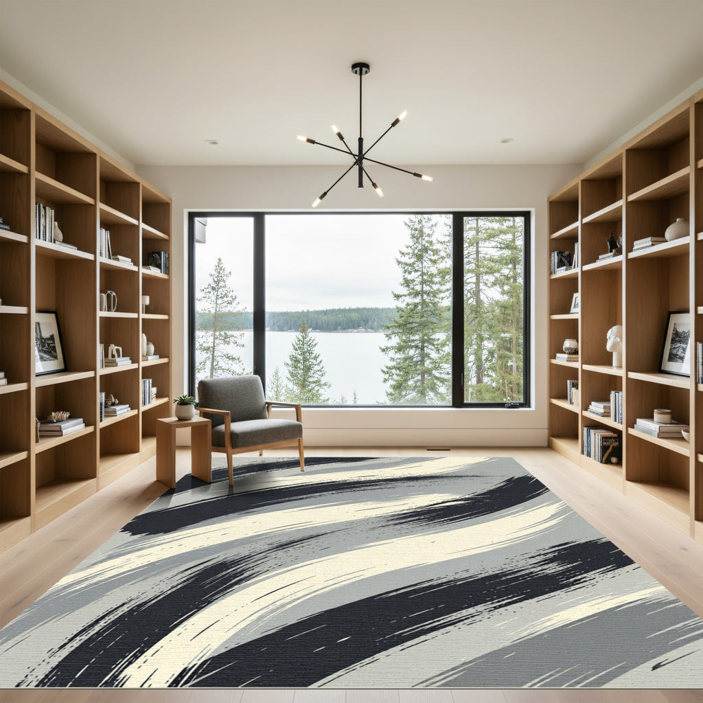 Bold Graphite and Cream Brush Strokes Rug