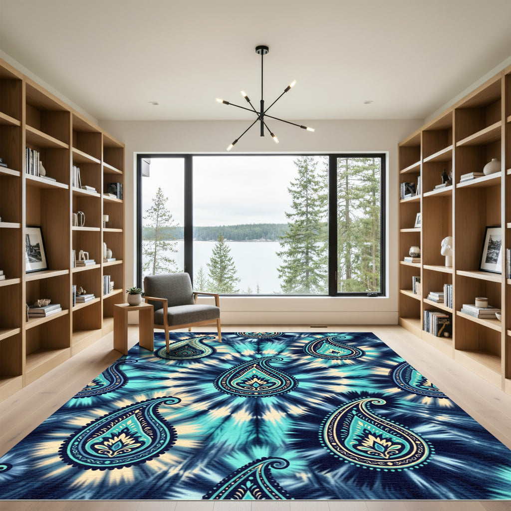 Teal Blue Tie Dye Paisley Swirl Rug