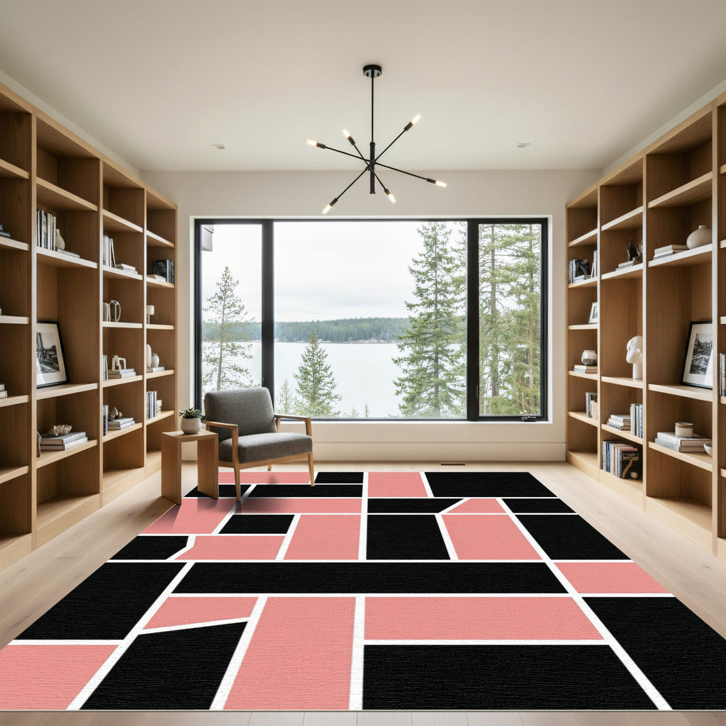 Modern Pink Black Geometric Block Rug