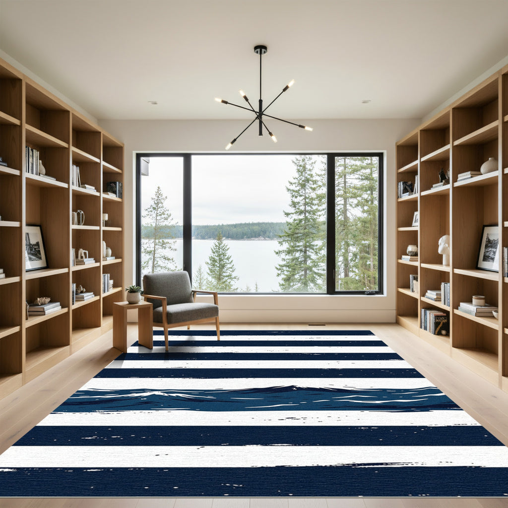 Navy Blue Oceanic Mountain Striped Art Rug