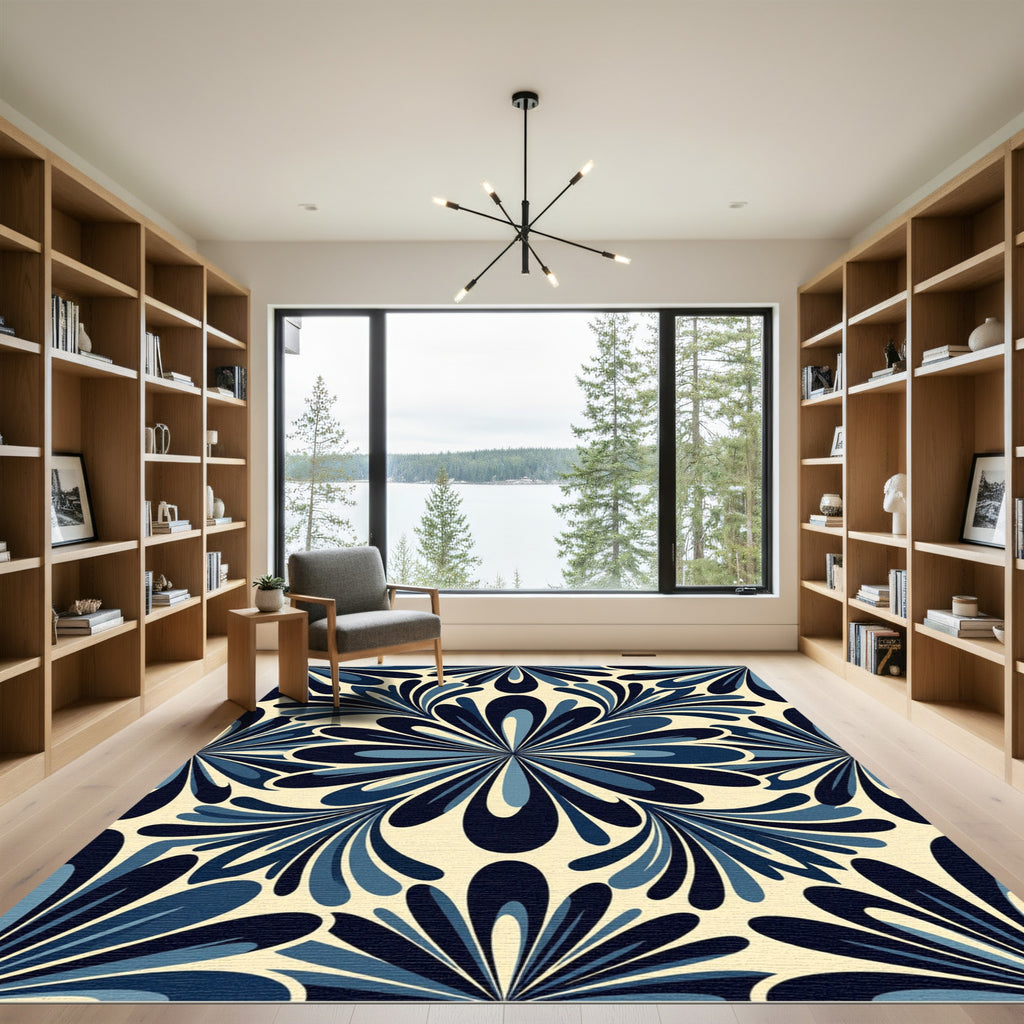 Navy Blue Floral Art Nouveau Tile Rug
