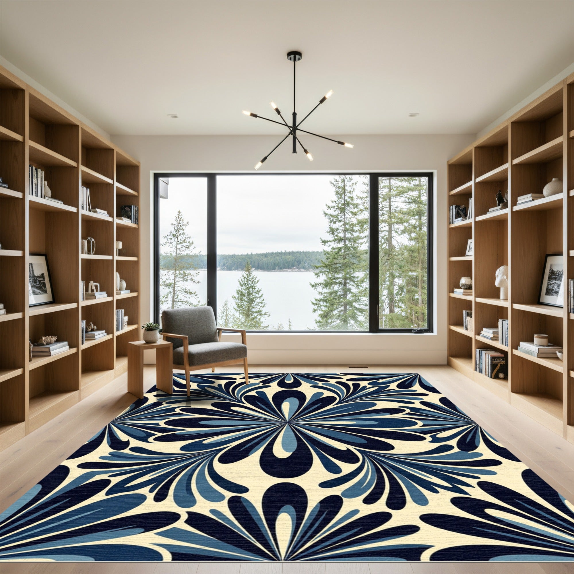 Navy Blue Floral Art Nouveau Tile Rug