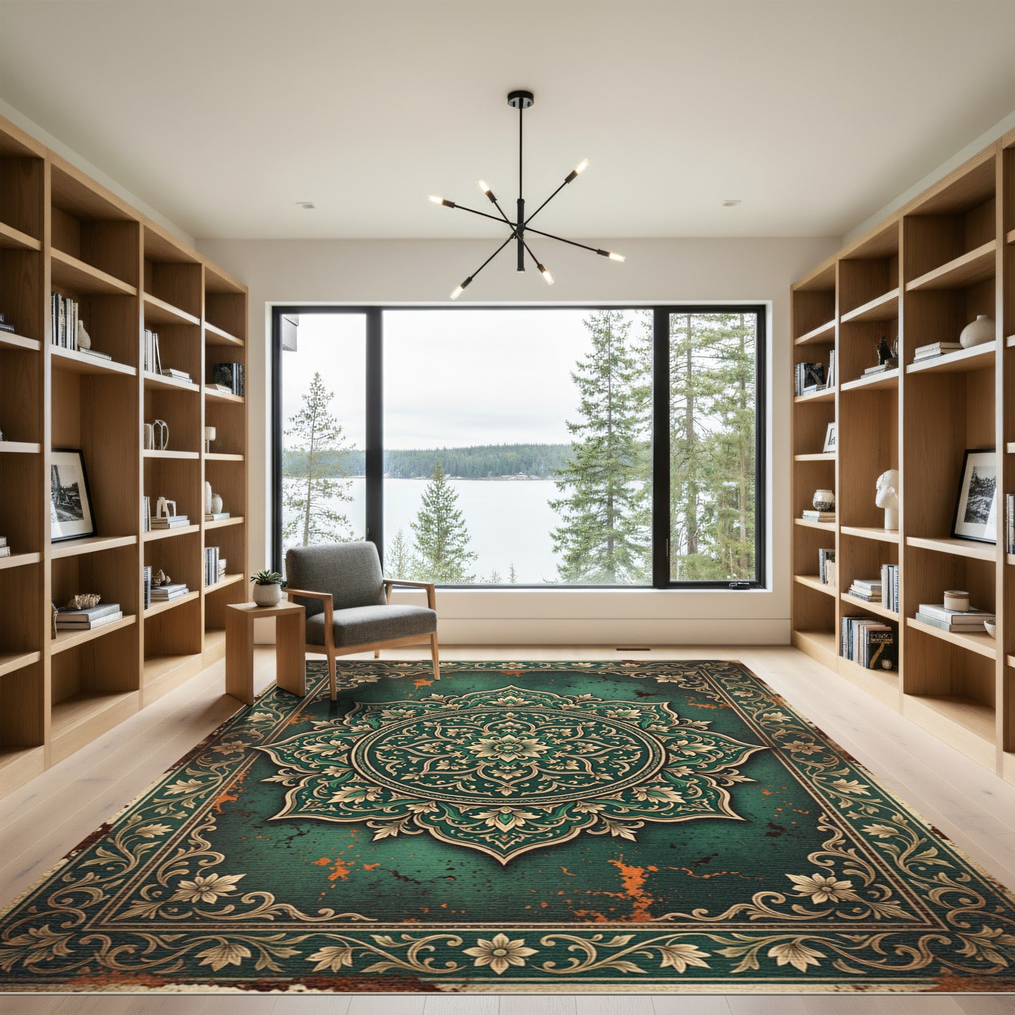 Emerald Green Floral Medallion Aged Rug