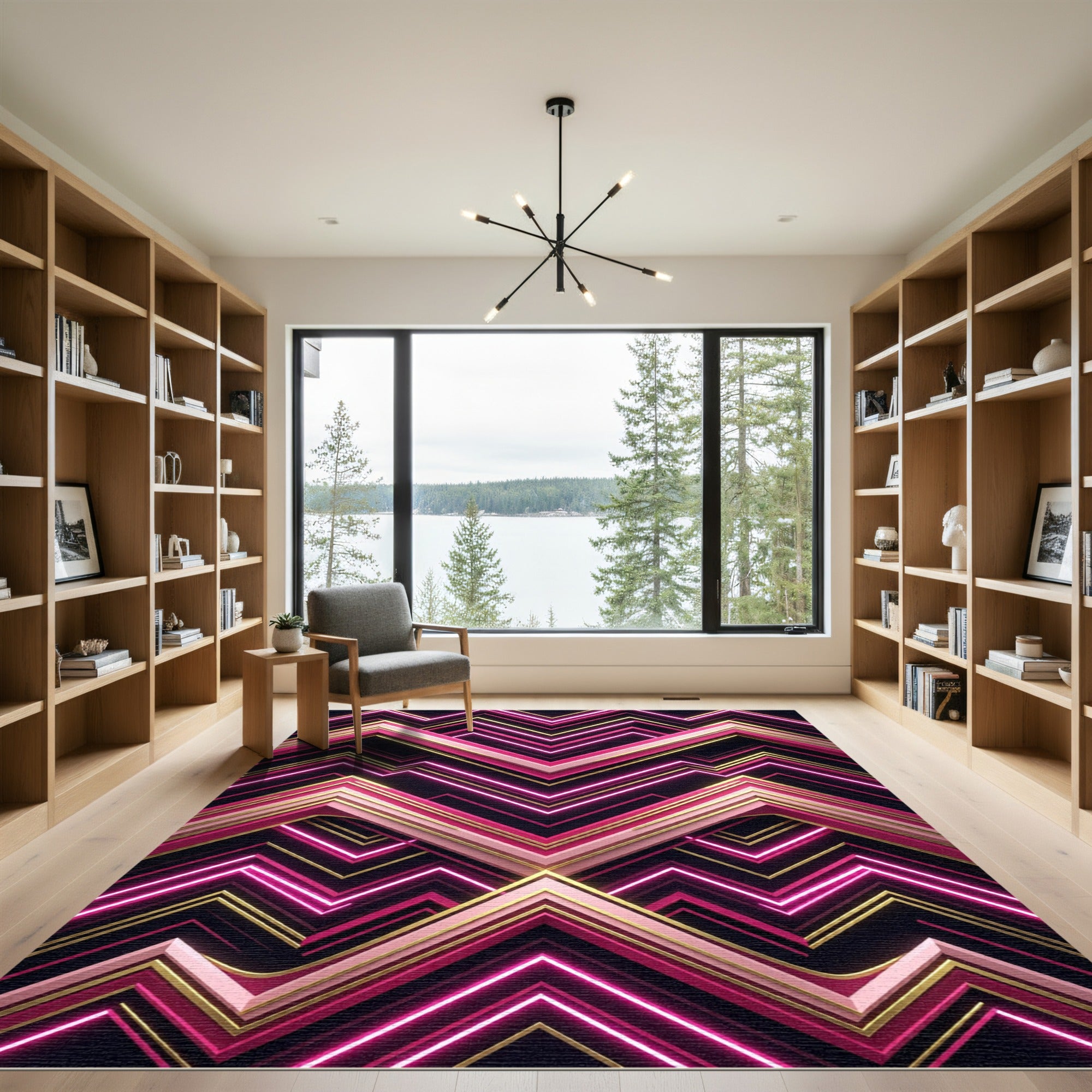 Neon Pink Gold Geometric Chevron Rug