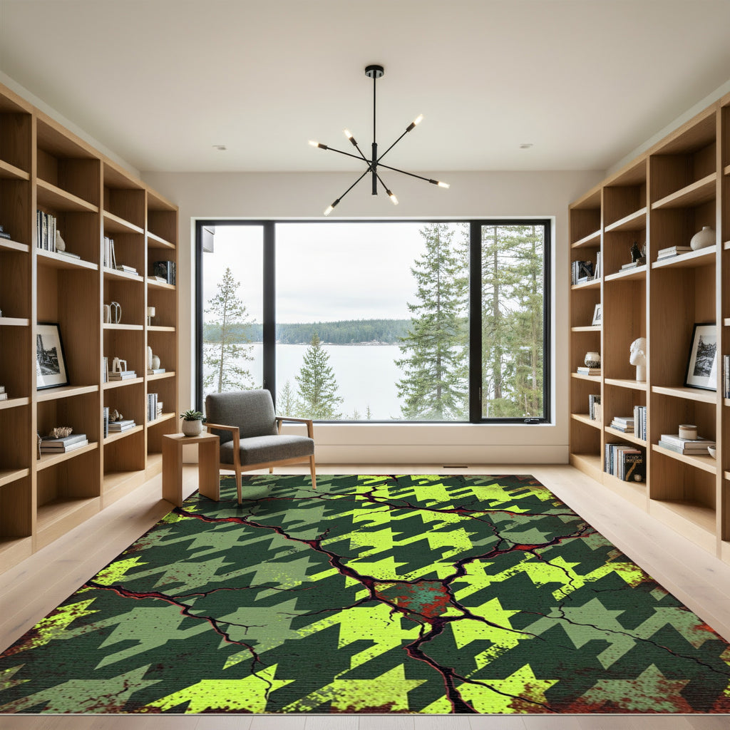 Green Houndstooth Cracked Abstract Rug
