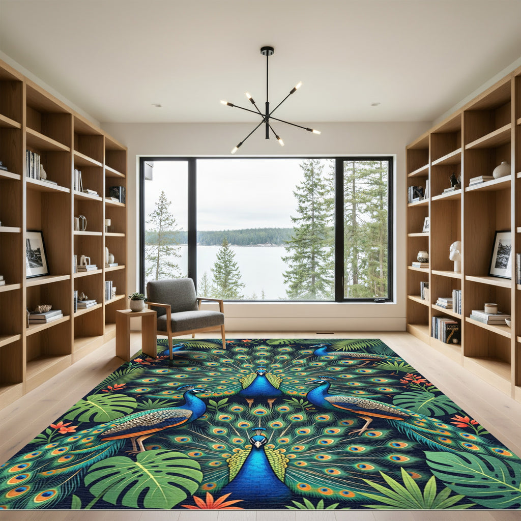Vibrant Tropical Peacock Garden Illustration Rug