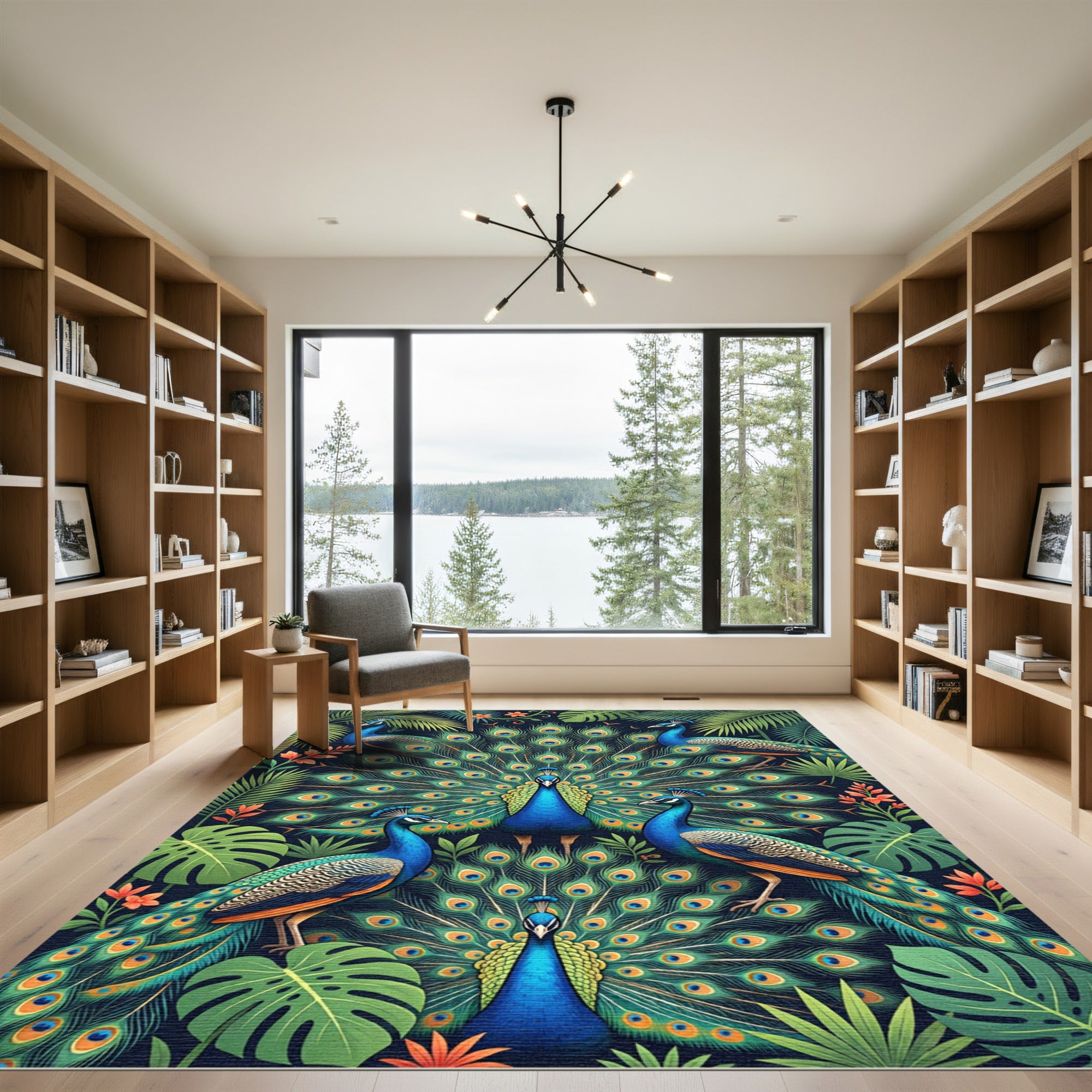 Vibrant Tropical Peacock Garden Illustration Rug