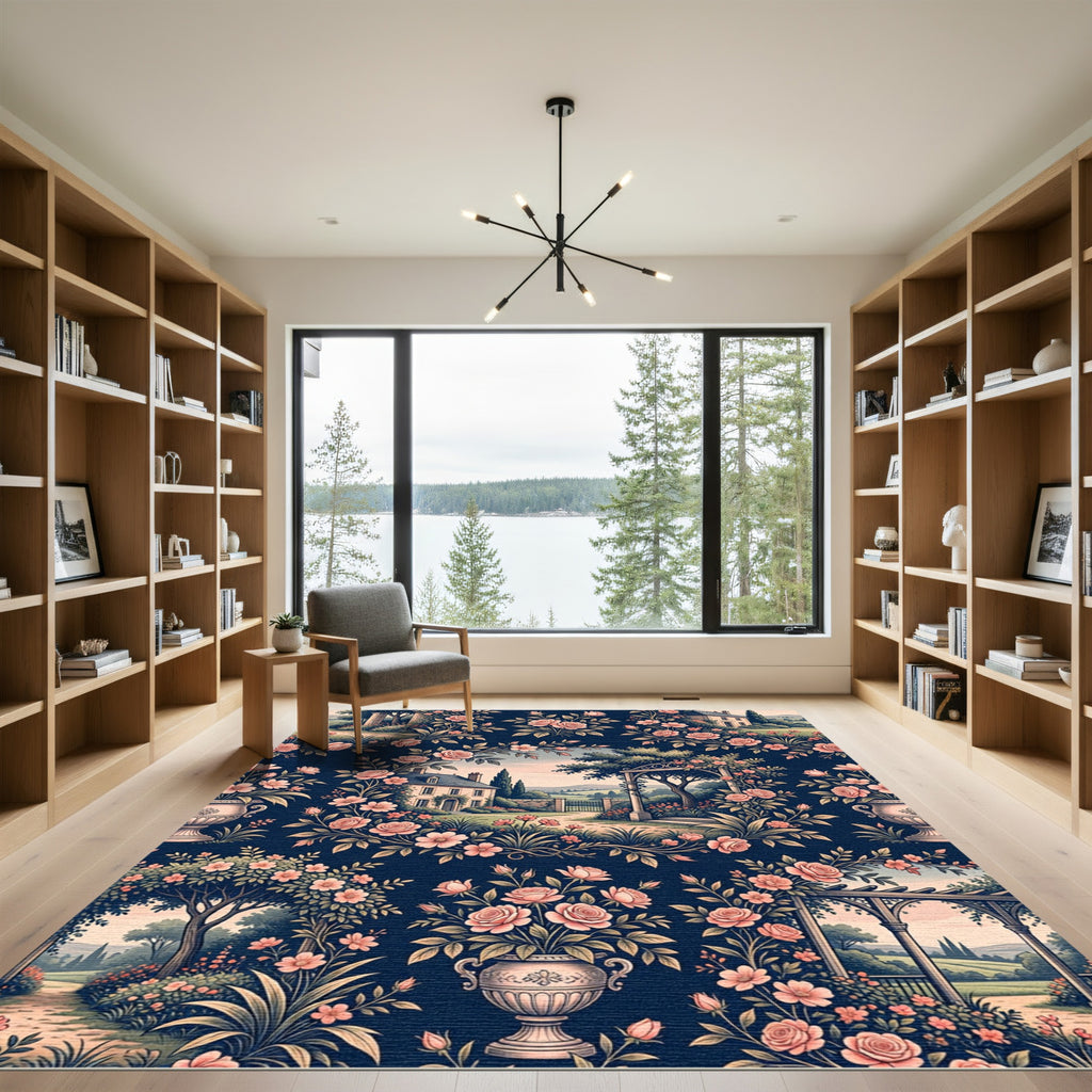 Romantic Navy Rose Garden Landscape Rug