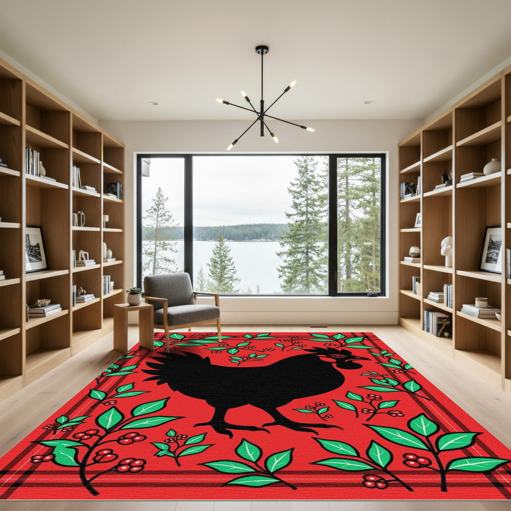 Bold Black Rooster Red Plaid Floral Rug