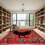Bold Black Rooster Red Plaid Floral Rug