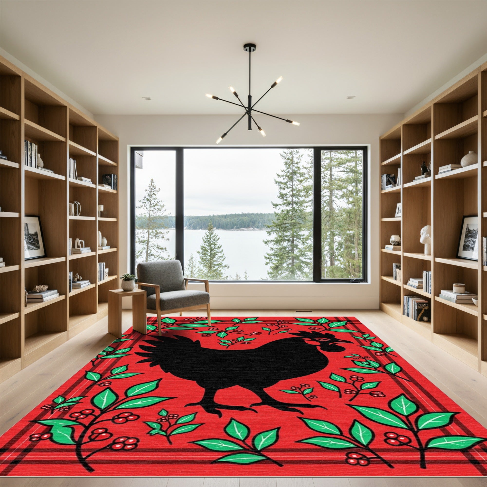 Bold Black Rooster Red Plaid Floral Rug