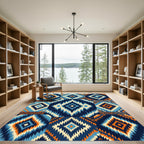 Geometric Indigo and Orange Diamond Tile Rug