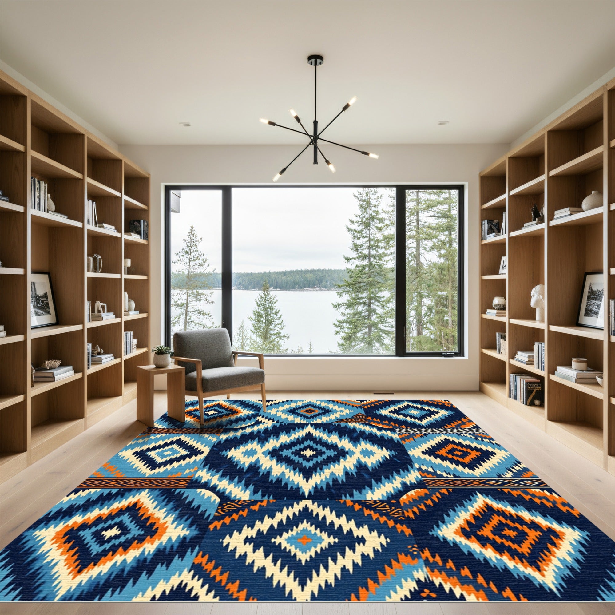 Geometric Indigo and Orange Diamond Tile Rug