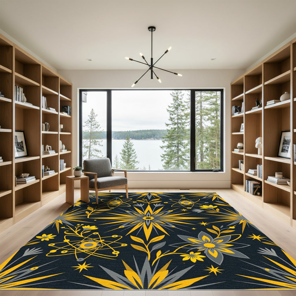 Celestial Atomic Gold and Slate Floral Rug