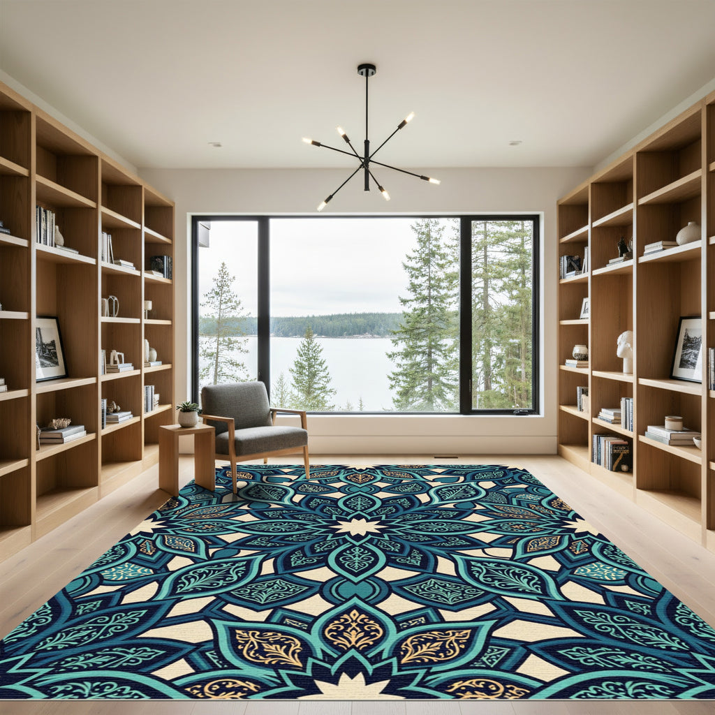 Teal And Gold Mandala Art Rug