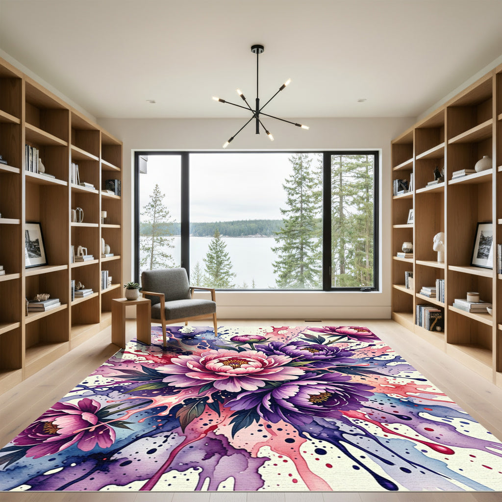 Vibrant Pink and Purple Peony Watercolor Rug