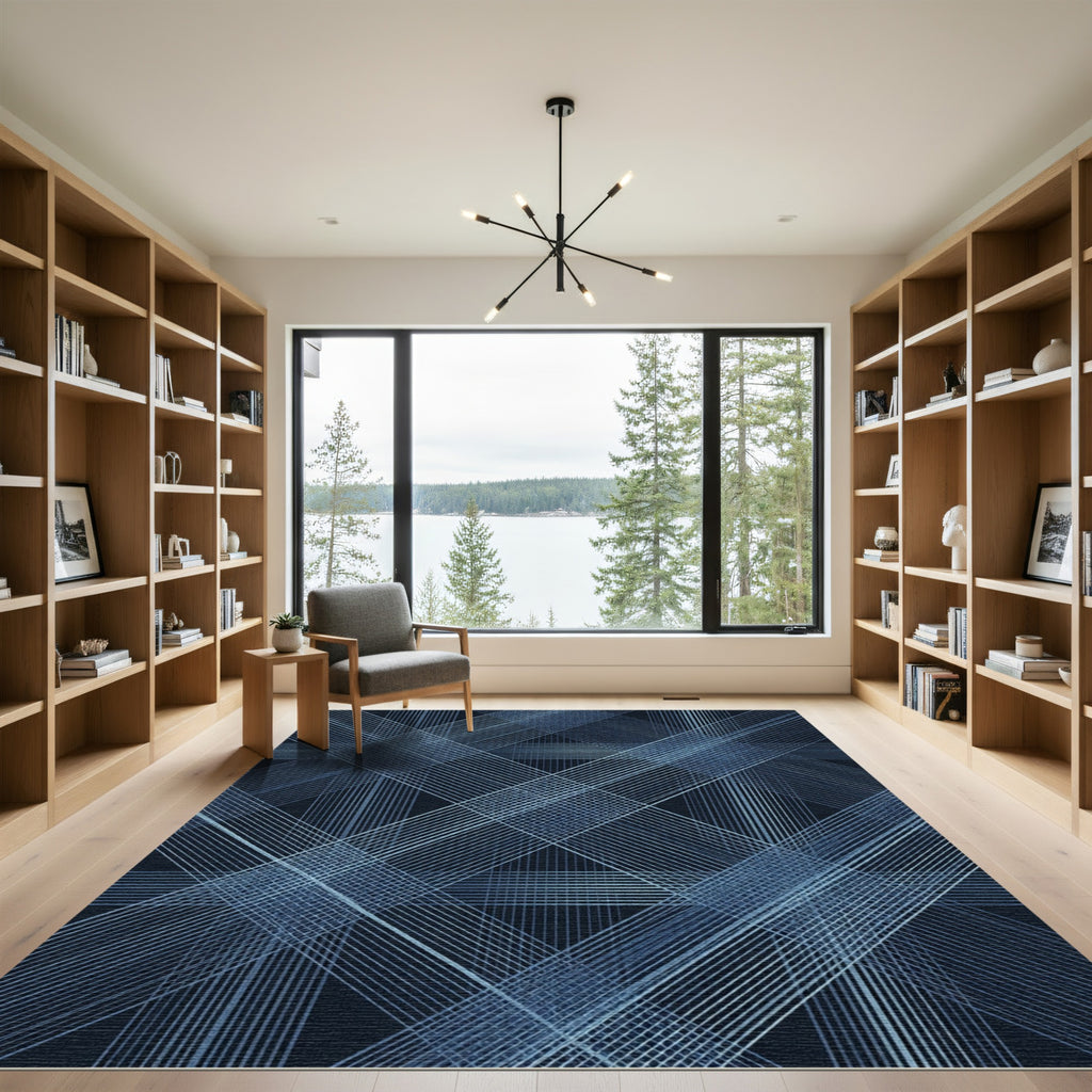 Modern Navy Blue Linear Grid Rug