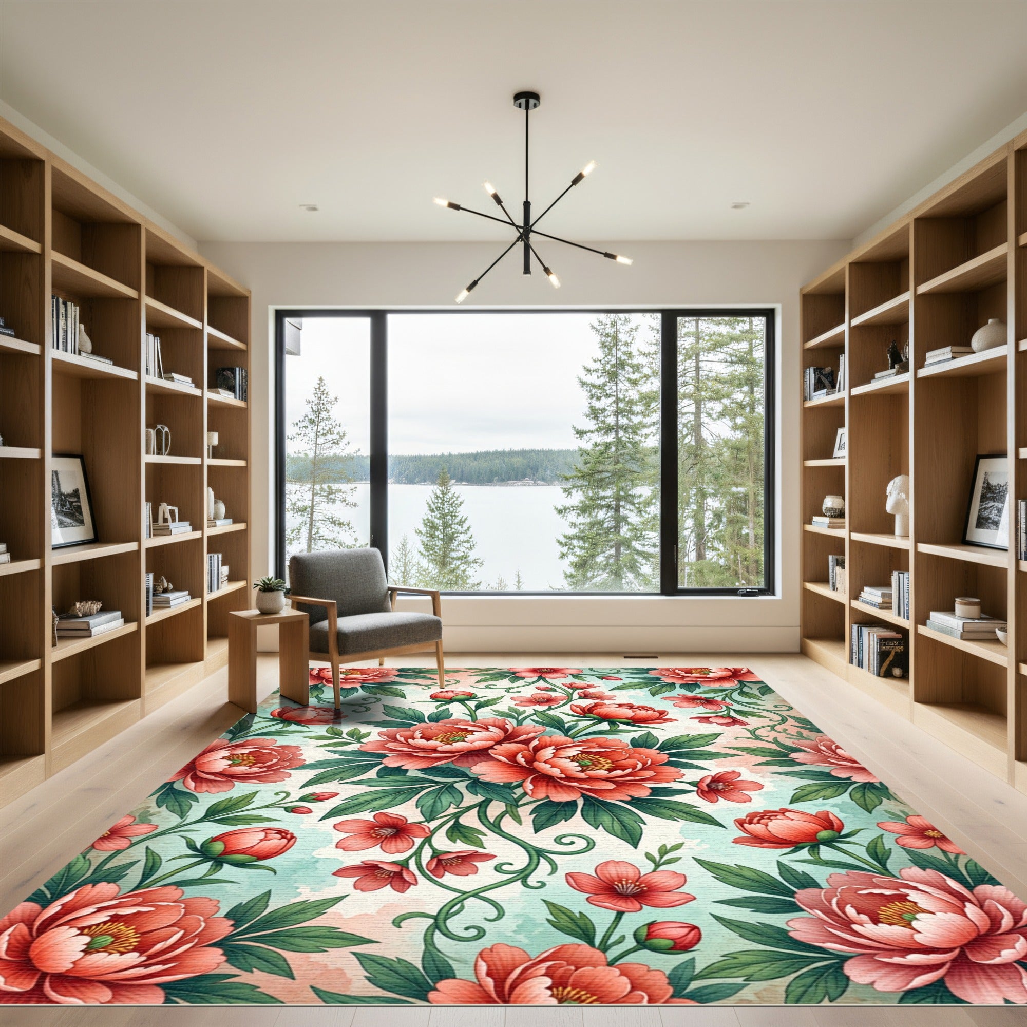 Coral Peony Floral Watercolor Illustration Rug