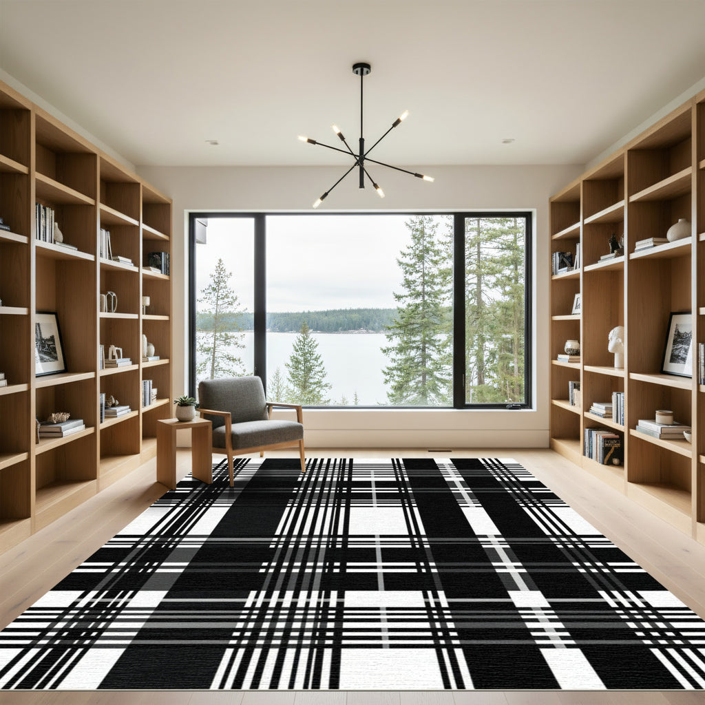 Bold Black White Plaid Lines Rug