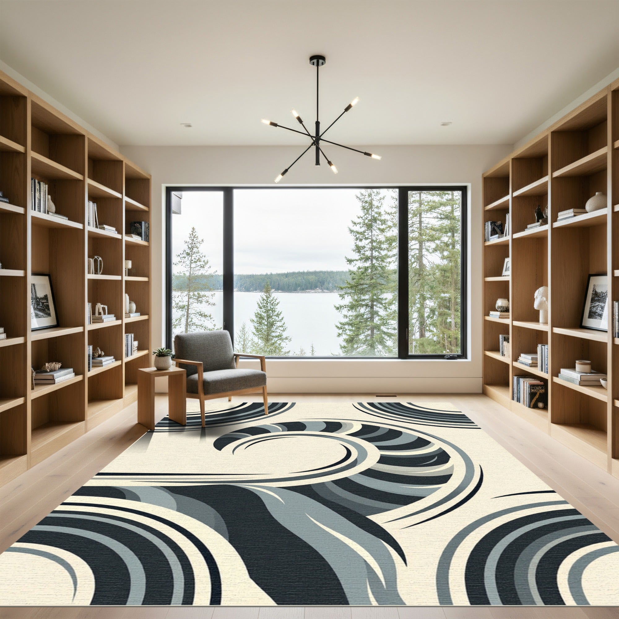 Modern Monochrome Abstract Swirl Art Rug