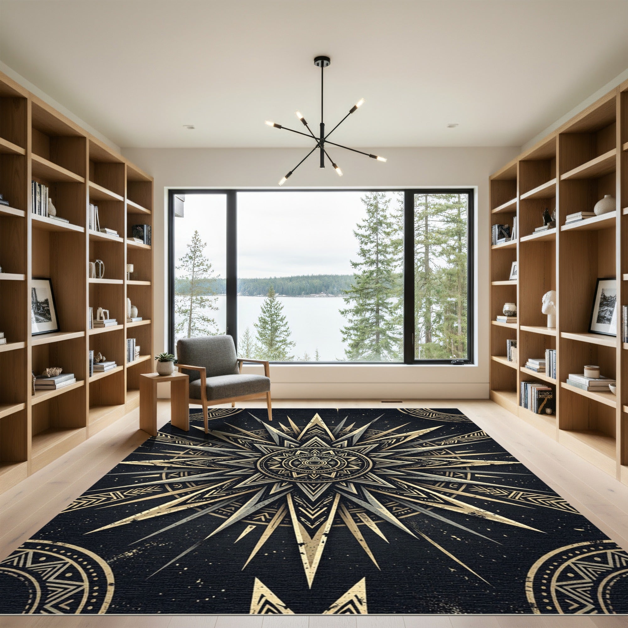 Celestial Gold Sunburst Geometric Emblem Rug