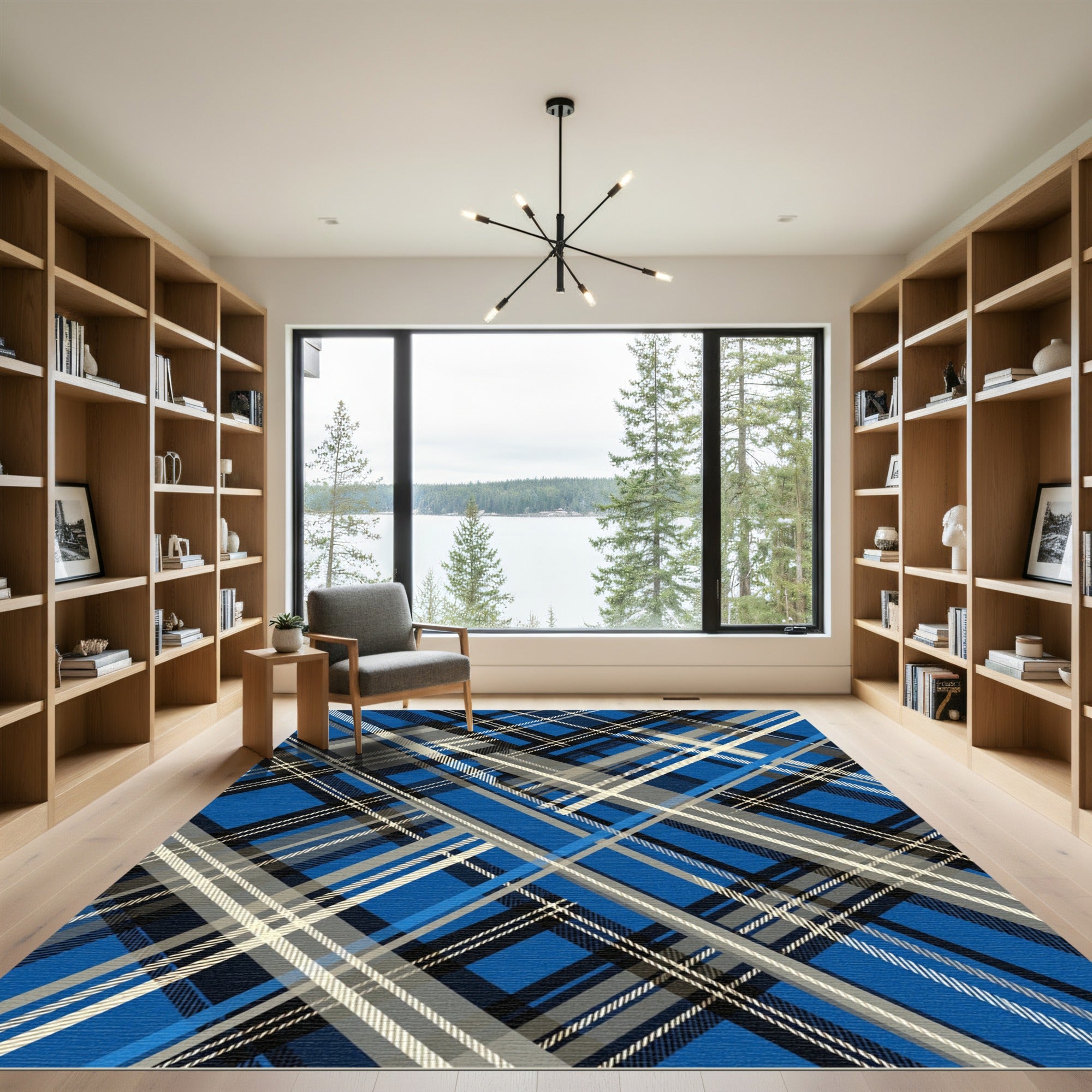 Bold Blue Plaid Overlay Pattern Rug