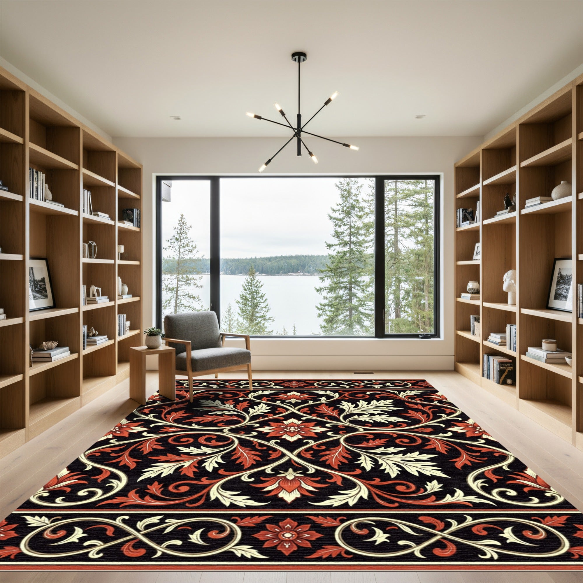 Black Red Floral Scrollwork Ornament Rug