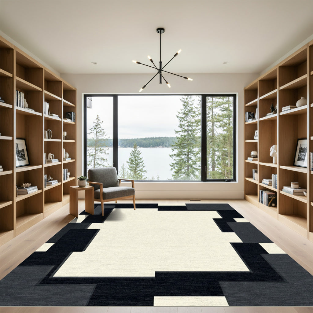 Modern Cream Black Geometric Block Rug