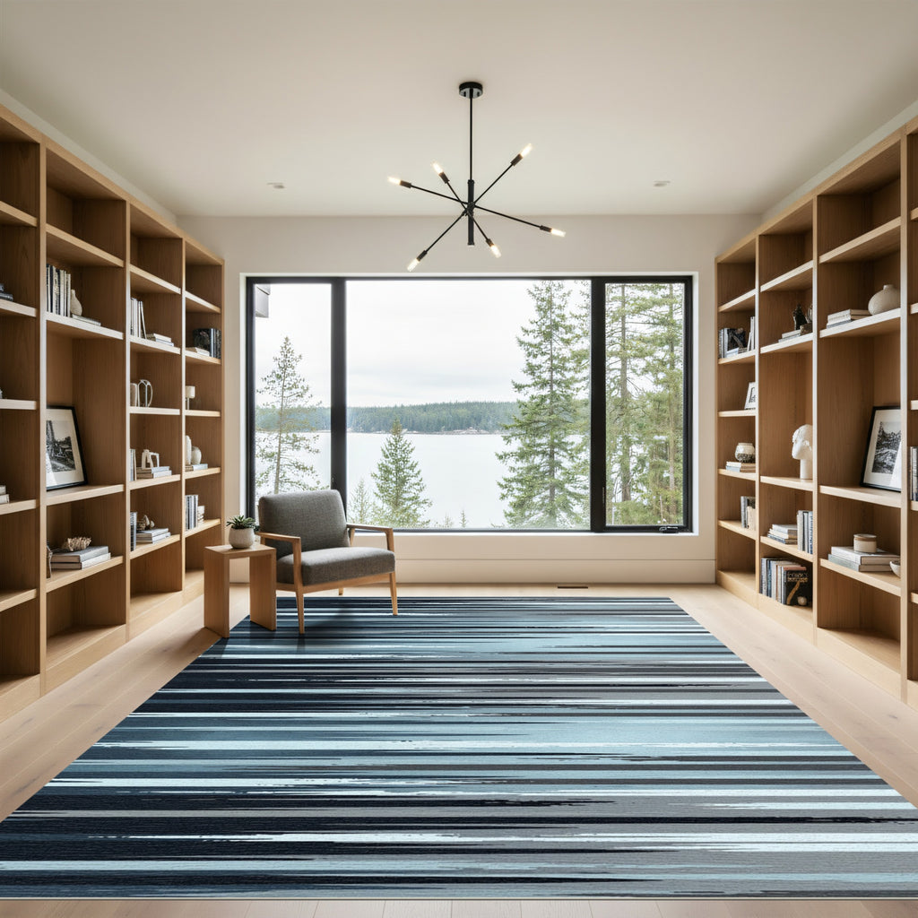 Modern Blue and Charcoal Linear Stripe Rug